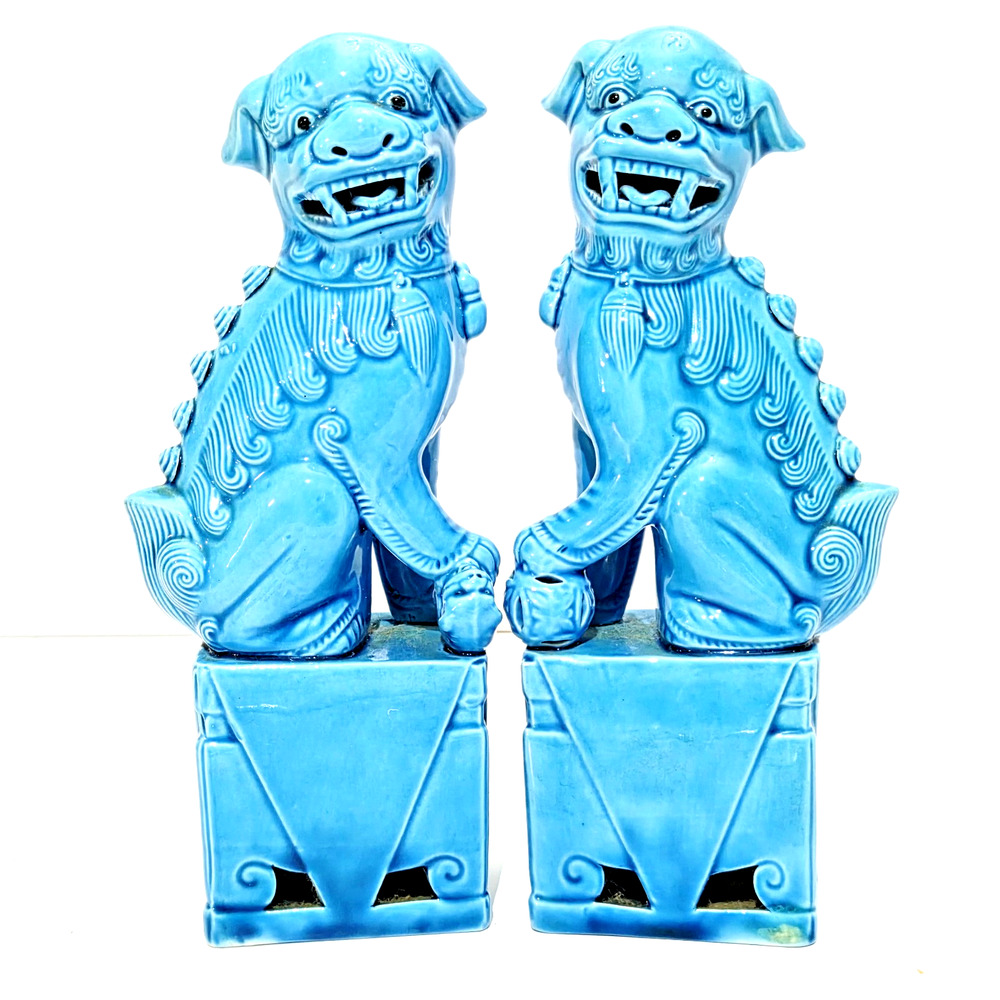 Turquoise Foo Dog Pair Ceramic Guardian Lion Statues on Pedestal Bases